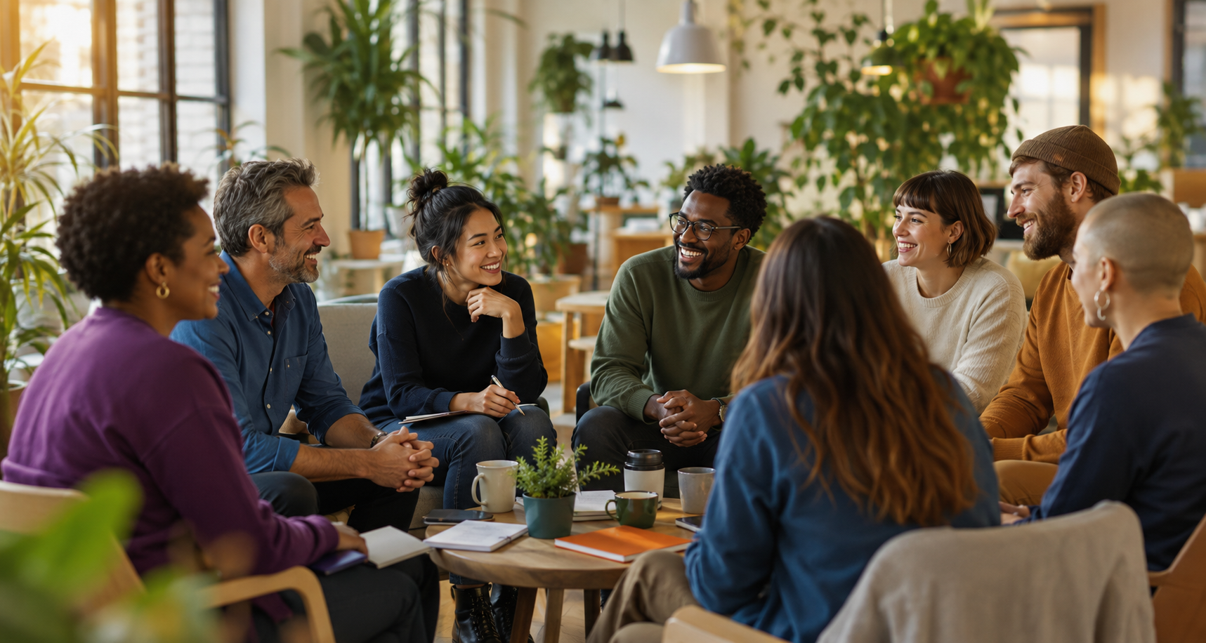 A diverse group in a warm and relaxed conversation about shared ideas