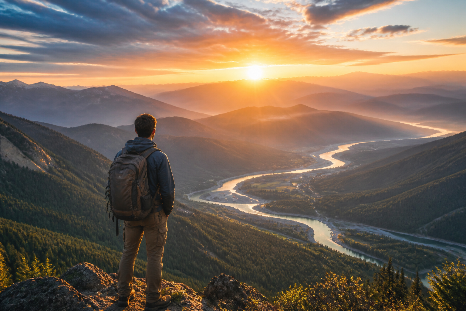 A person looking out over a sunrise landscape at the beginning of a journey