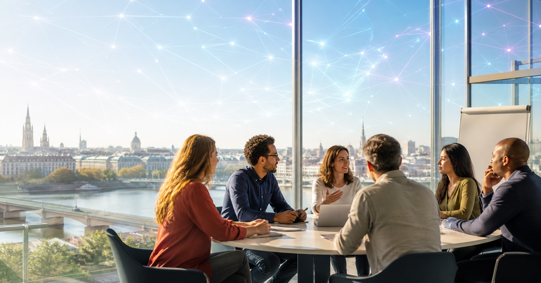 People gathered in conversation with a city and network lines behind them