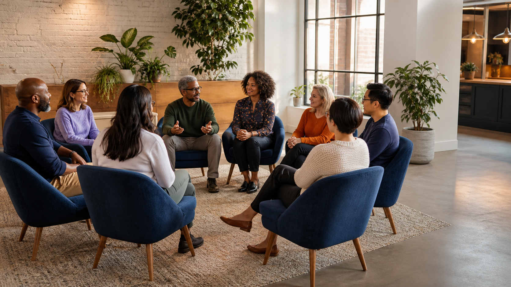 A diverse group seated in a circle having a thoughtful conversation